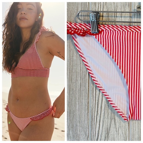 aerie Other - NEW! AERIE RUFFLE BIKINI BOTTOM Size Medium Red White Classic Cut Swim Women